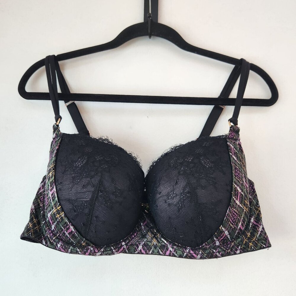 Savage x Fenty Black Lace Bra Purple Tweed Gem Details Women's 40D